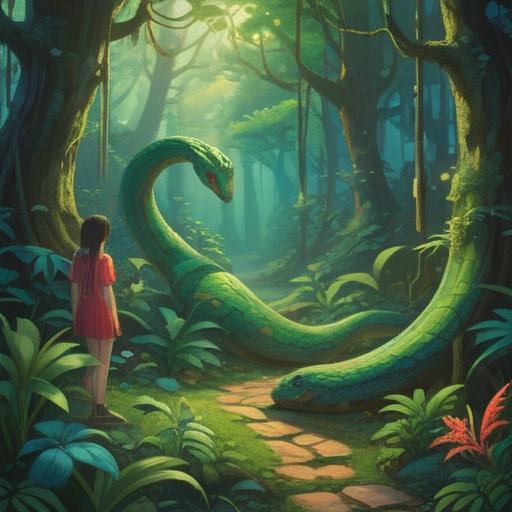 A serene encounter with a snake in a lush forest, symbolizing spiritual transformation, vibrant green foliage, gentle sunlight filtering through the trees, a tranquil stream nearby, mystical aura surrounding the snake, representing wisdom and healing, peaceful atmosphere, vibrant colors, 4k