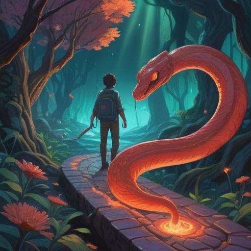 A person stepping on a snake, surrounded by a mystical aura, bright spiritual symbols illuminating the scene, a sense of caution and awareness in the atmosphere, vibrant colors, symbolic interpretations of spirituality, nature elements in the background, 4k