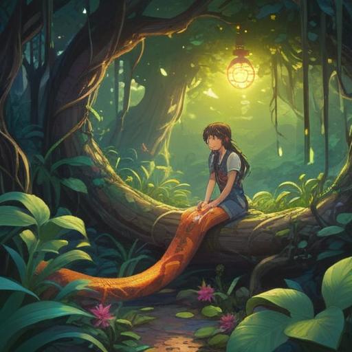 A mystical scene depicting a person encountering a snake, vibrant colors, lush greenery surrounding, sunlight filtering through leaves, symbol of luck represented by sparkling coins, serene expression on the person's face, enchanting atmosphere, detailed textures, signifying fortune and new beginnings, 4k