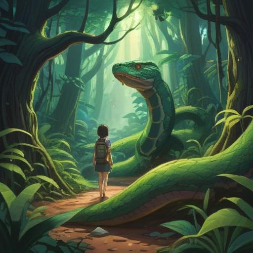 A serene scene depicting a person encountering a snake in a lush forest, vibrant green foliage, sunlight filtering through the trees, an aura of tranquility, symbolic connection between human and nature, the moment infused with a sense of wonder and introspection, rich details in the snake’s scales and the person’s expression, 4k