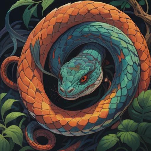 A mystical illustration of a snake shedding its skin, vibrant colors, intricate patterns on the snake's scales, symbolic representation of transformation and renewal, serene natural environment, light filtering through the trees, ethereal atmosphere, spiritual symbolism, 4k