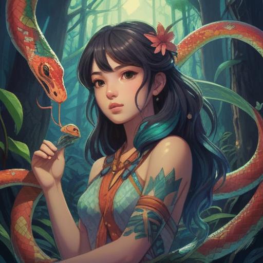 A mystical illustration of a snake skin, vibrant patterns, spiritual symbols intertwined, ethereal light emanating from the skin, serene forest background, gentle flowing water, calm atmosphere, deep connection to nature, 4k