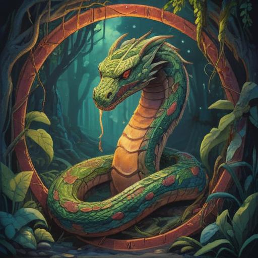 A mystical scene featuring a serpent curled around an ancient, weathered talisman, hints of shimmering light reflecting off the snake's scales, intricate patterns etched into the talisman, an ethereal mist surrounding the setting, vibrant colors contrasting with dark shadows, spiritual symbols faintly glowing in the background, an atmosphere filled with intrigue and hidden wisdom, 4k
