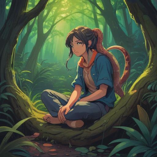 A serene and mystical scene depicting a person sitting cross-legged in a tranquil forest, a vibrant snake coiling gently around their wrist, soft sunlight filtering through the leaves above, representing spiritual awareness and transformation, a sense of inner peace and connection to nature, ethereal glow, enchanting atmosphere, 4k