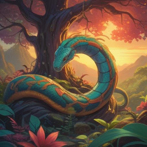 A serene and mystical landscape depicting a wise, ancient snake coiled around a vibrant tree, sunlight filtering through lush leaves, ethereal aura surrounding the snake, symbols of spiritual enlightenment glowing softly, tranquil water nearby reflecting the scene, harmonious colors, inviting atmosphere, deep connection with nature, 4k