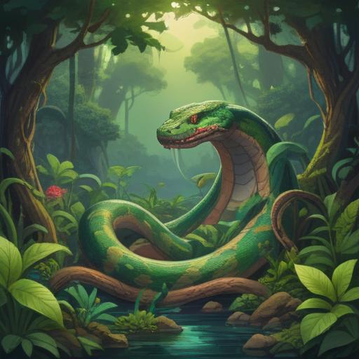 A mystical and serene landscape, a coiled snake among lush greenery, symbols of wisdom and transformation, subtle signs glowing in the air, vibrant colors illustrating spiritual awareness, an ethereal atmosphere, sense of caution and enlightenment, detailed nature elements, 4k