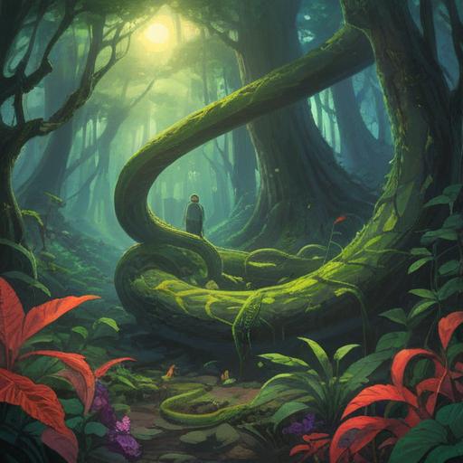 A mystical scene depicting a person encountering a snake in a serene forest, symbolic representation of transformation and healing, sunlight filtering through the leaves, vibrant colors enhancing the spiritual aura, the snake coiling gracefully around an ancient tree, a sense of enlightenment and introspection, ethereal atmosphere, inviting mystical energy, detailed flora and fauna, 4k