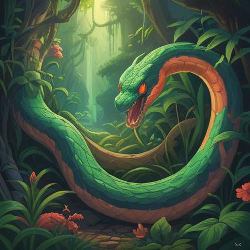 A serene landscape featuring a radiant snake slithering through lush greenery, mystical symbols glowing softly around it, harmonious connection with nature, vibrant colors evoking tranquility, spiritual awakening, detailed flora and fauna, gentle sunlight filtering through the leaves, peaceful atmosphere, 4k