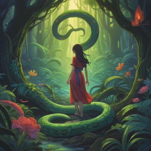 A mystical illustration depicting a person encountering a snake, surrounded by vibrant nature, symbolic elements of intuition and awareness, ethereal light illuminating the scene, an aura of spiritual significance, emotions of caution and enlightenment, detailed natural surroundings, vivid colors, serene atmosphere, 4k