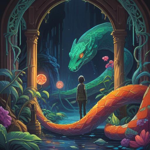 A serene and uplifting scene, featuring a glowing spiritual item surrounded by vibrant symbols of transformation, a snake subtly coiling around the item, soft ethereal light illuminating the surroundings, lush greenery in the background, a sense of calm and positivity, 4k