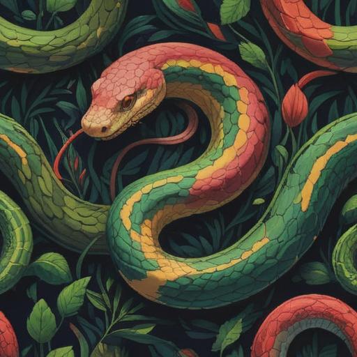 A close-up of a snake's shed skin, vibrant patterns, intricate textures, ethereal glow, symbolic representation of transformation and renewal, surrounded by mystical plants and soft lighting, spiritual essence, detailed environment, 4k