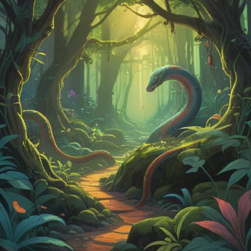 A mystical forest scene, a bright and serene setting, a snake shedding its skin on the forest floor, soft sunlight filtering through the trees, symbols of transformation and renewal in the air, vibrant greenery, subtle spiritual symbols around, peaceful yet powerful energy, 4k