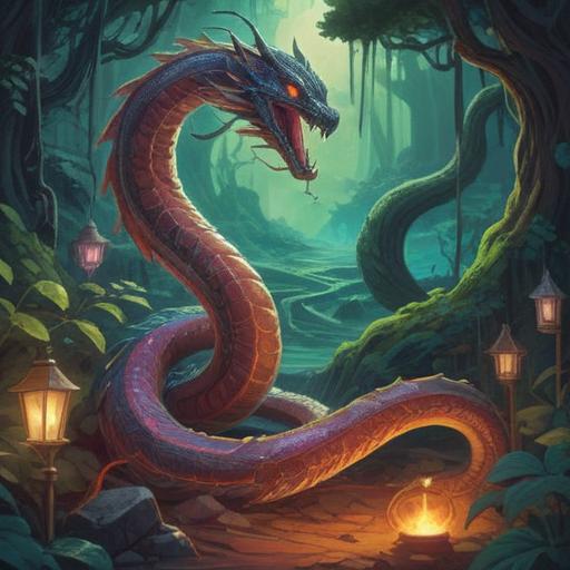 A mystical encounter with a serpent-like figure, vibrant colors, ethereal atmosphere, symbolic representation of transformation, blending of human and serpent features, surrounded by enchanting nature, a backdrop of ancient ruins, glowing spiritual energies, 4k