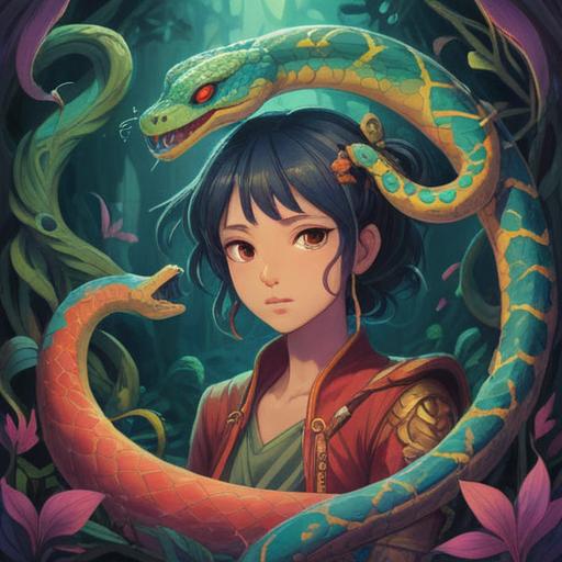 A mystical humanoid figure resembling a snake, adorned with shimmering scales, surrounded by ethereal symbols of spirituality, depicting a serene landscape with flowing water and vibrant flora, gentle light illuminating the scene, representing positive omens and deep wisdom, harmonious atmosphere, 4k