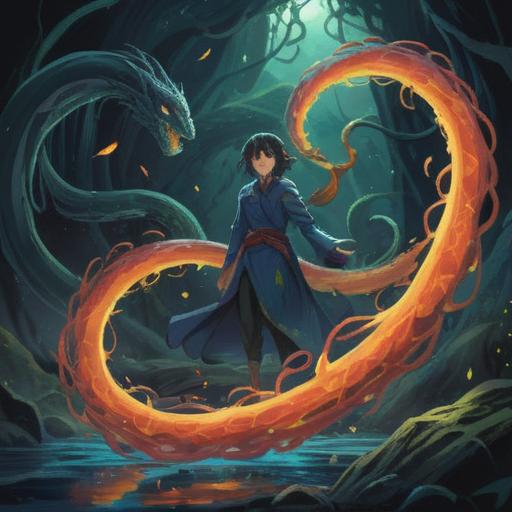 A serpentine figure emerging from the shadows, vibrant energy swirling around, mystical symbols in the air, an atmosphere of caution and awareness, ancient wisdom reflecting in the character's eyes, surreal nature blending with reality, spiritual enlightenment, vibrant colors, ethereal essence, 4k