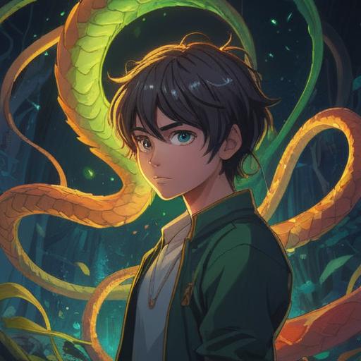 A mystical encounter with a serpent-like humanoid, shimmering scales reflecting light, a vibrant lucky charm glowing in the foreground, enchanting forest setting with ethereal lights, intricate details on the charm, a sense of wonder and fortune, intricate patterns and symbolism, magical atmosphere, high-quality illustration