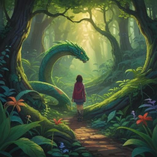 A mystical scene depicting a person encountering a serpent in a lush forest, symbolic of transformation and spiritual awakening, vibrant greenery, soft light filtering through the trees, ethereal atmosphere, detailed scales on the serpent, serene expression on the person's face, the connection between human and nature, spiritual energy surrounding them, 4k