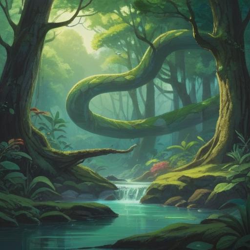 A serene and mystical landscape, a gentle stream flowing through a lush forest, a majestic snake coiling gracefully around a tree branch, sunlight filtering through the leaves, symbols of transformation and rebirth, vibrant colors, harmonious atmosphere, a sense of spiritual awakening, 4k