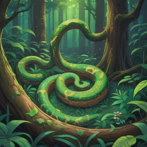 A serene forest clearing, a coiled snake in the center, vibrant green foliage, subtle light filtering through the trees, a sense of caution in the air, symbolic representations of spiritual signs around the snake, such as feathers and stones, an ethereal atmosphere, calm yet alert mood, 4k