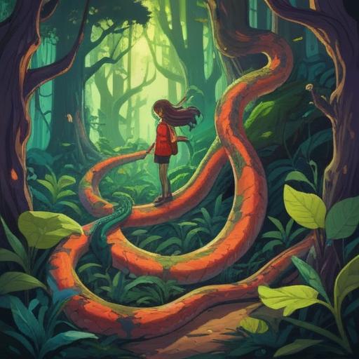 An illustration of a person encountering a snake in a lush forest, vibrant colors, a sense of wonder and luck, the snake coiling gracefully, surrounded by symbols of good fortune like four-leaf clovers and coins, sunlight filtering through the trees, detailed flora and fauna, magical atmosphere, 4k