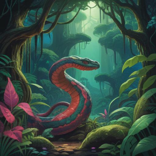 A mystical encounter with a snake, vibrant colors, surreal atmosphere, a lush jungle backdrop, symbols of transformation and possibility, ethereal lighting, an adventurous character gazing in awe, ancient motifs intertwined with modern elements, 4k