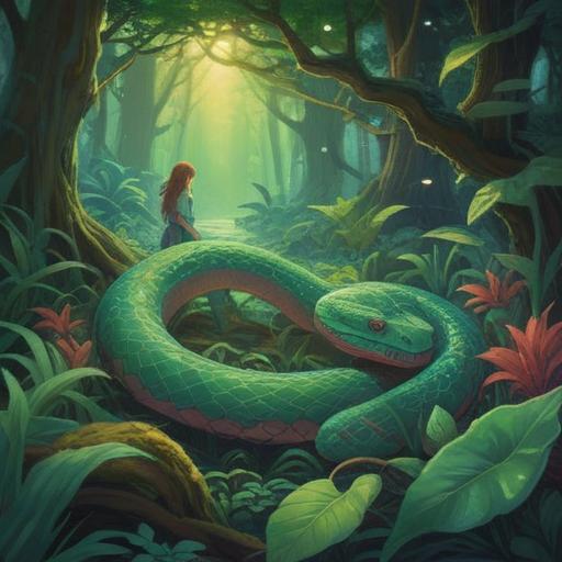 A serene and mystical illustration depicting a person encountering a large, ethereal snake in a lush forest glade, vibrant foliage surrounding them, soft rays of sunlight filtering through the trees, the snake coiling gracefully, symbolizing transformation and spiritual awakening, intricate details in the snake's scales, meditative atmosphere, a sense of harmony with nature, 4k