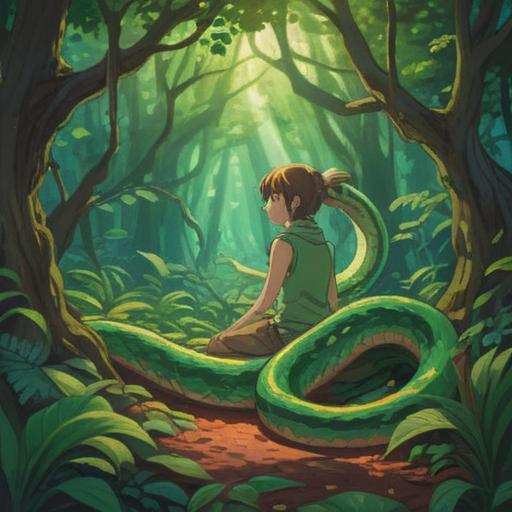 A serene and mystical scene depicting a person encountering a snake in a lush, green forest, soft sunlight filtering through the leaves, a sense of calm and spiritual awakening, the snake coiling gracefully around a blossoming tree, vibrant colors symbolizing transformation and positive energy, detailed flora and fauna in the background, emphasis on the connection between the individual and nature, ethereal ambiance, 4k