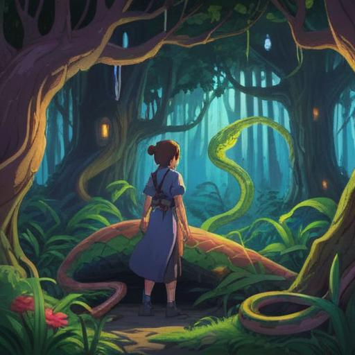 A serene forest setting, a person encountering a snake, symbols of spiritual significance surrounding them, soft lighting illuminating the scene, a feeling of caution and awareness, the presence of nature spirits, vibrant flora, hints of ancient wisdom, ethereal glow, 4k