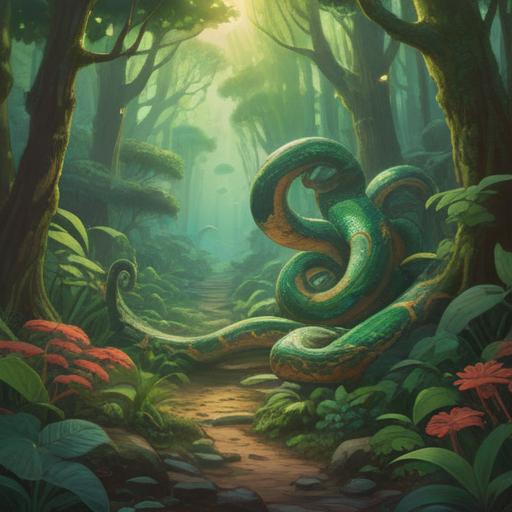 A serene scene depicting an encounter with a snake, vibrant lucky symbols surrounding the snake, a lush green forest backdrop, soft sunlight filtering through the leaves, an air of tranquility and fortune, colorful butterflies fluttering nearby, the snake coiled gracefully, evoking a sense of wonder and mystery, high resolution