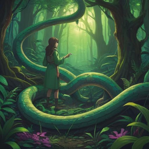 A serene and mystical illustration of a person encountering a snake in a lush, green forest, symbolic of transformation and healing, soft sunlight filtering through the leaves, vibrant colors depicting nature's beauty, peaceful atmosphere with gentle animal presence, the snake coiled gracefully around a tree, representing wisdom and intuition, detailed textures of the foliage and snake scales, 4k