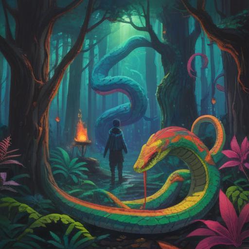 A mysterious forest scene, a person encountering a snake, vibrant colors, spiritual aura surrounding the snake, symbols of caution in the air, insightful expressions on the person's face, nature's beauty juxtaposed with the potential danger, ethereal light filtering through the trees, 4k