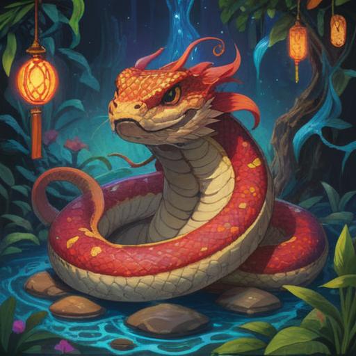 A vibrant illustration of a lucky charm featuring a snake wrapped around a golden coin, bright colors, mystical aura, symbolism of good fortune, detailed textures, harmonious composition, enchanting background, positive energy, 4k