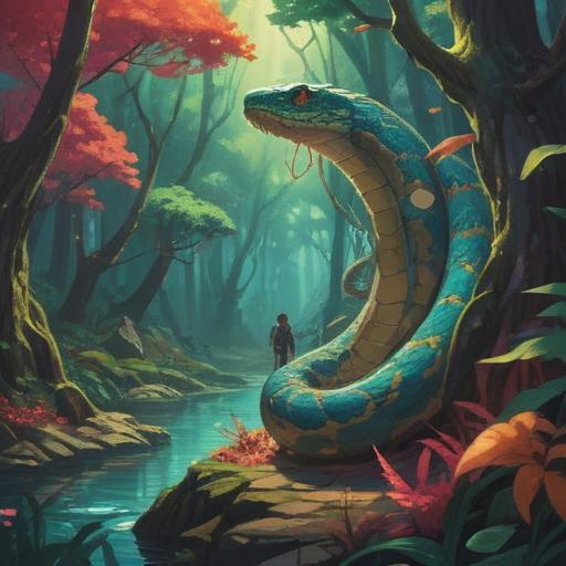 A serene scene depicting a person encountering a snake in a tranquil forest, symbolism of transformation and healing, vibrant colors, natural light filtering through the trees, a sense of connection with nature, mystical atmosphere, detailed textures of the snake's scales, calm expression on the person's face, 4k