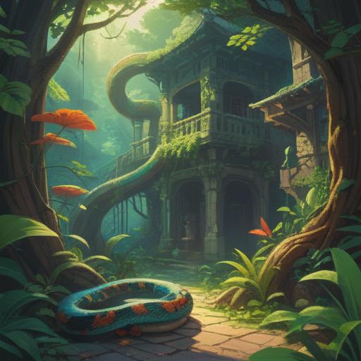 A mystical scene depicting a serene encounter with a snake, vibrant colors, lush greenery, soft sunlight filtering through leaves, a sense of calm and tranquility, symbolic representation of transformation and healing, detailed snake design with intricate patterns, ethereal glow surrounding the creature, harmonious atmosphere, spiritual connection, 4k