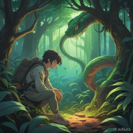 A mystical and serene illustration, showing a person calmly observing a snake in a tranquil forest, vibrant green foliage, ethereal light filtering through the trees, symbols of spiritual awareness, subtle signs of nature's guidance, a sense of connection with the universe, 4k