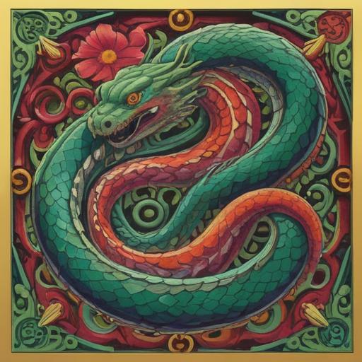 A spiritual lucky charm after an encounter with a snake, vibrant colors, intricate details, symbols of protection and good fortune, intertwined snake and charm design, natural elements like leaves and crystals, mystical aura, serene ambiance, 4k