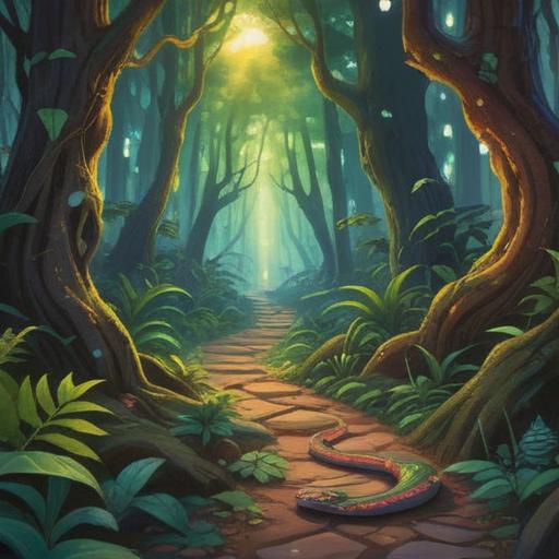 A snake crossing a path, symbolizing transformation and spiritual awakening, surrounded by a mystical forest, dappled sunlight filtering through the trees, ethereal atmosphere, vibrant colors, intricate details in the snake's scales, serene environment, 4k