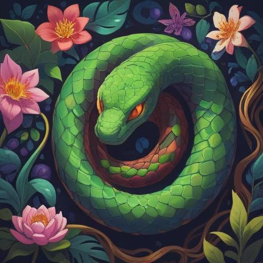 A serene illustration of a mystical snake, glowing with ethereal energy, surrounded by vibrant floral patterns, representing spiritual guidance, entwined with ancient symbols, calming color palette, tranquil atmosphere, majestic presence, 4k