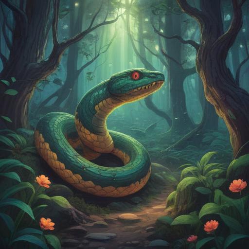 A vivid and mystical illustration of a snake appearing in a serene forest, symbols of spirituality surrounding it, glowing energies radiating from the snake, intricate details of the foliage, ethereal light filtering through the trees, an atmosphere of caution and awareness, vibrant colors, enchanting and captivating scene, 4k