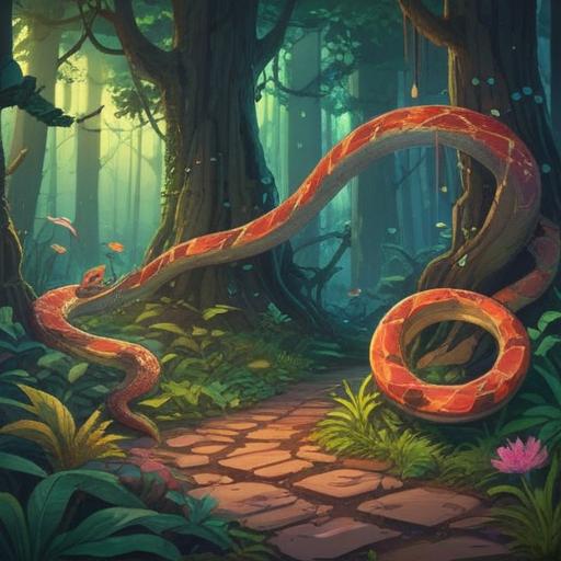 A snake crossing the path, vibrant colors, intricate details of the snake's scales, a shining lucky charm nearby, a serene forest background, magical atmosphere, soft sunlight filtering through the trees, whimsical elements, 4k