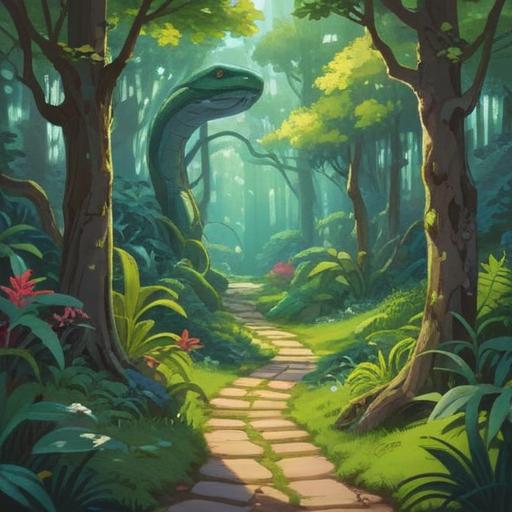 A serene landscape featuring a winding snake-like path, lush green foliage surrounding the path, soft sunlight filtering through the trees, a sense of tranquility and spiritual journey, symbolic elements representing wisdom and transformation, vibrant colors, inviting atmosphere, 4k