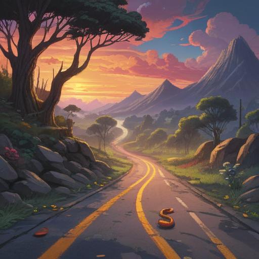 A spiritual scene depicting a snake appearing on a road, vibrant colors, symbolic representation of transformation and renewal, serene surroundings with nature elements, sunlight filtering through tree branches, a sense of calm and positivity, intricate details of the snake’s scales, emphasized connection between the Earth and the spiritual realm, mystical atmosphere, 4k