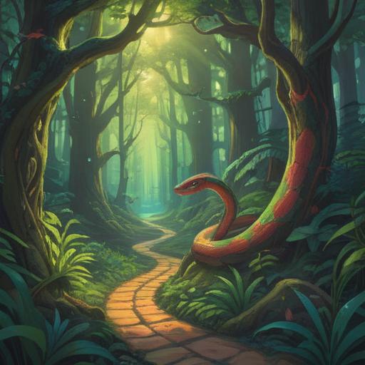A mystical scene depicting a large, vibrant snake crossing a winding path in a serene forest, sunlight filtering through the trees, soft shadows cast on the ground, symbols of spirituality subtly woven into the surroundings, a sense of caution and awareness in the air, natural harmony, wildlife observing quietly, 4k
