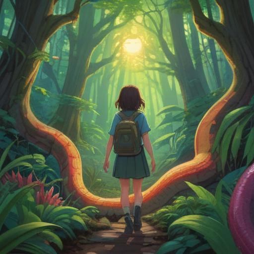 A mystical scene depicting a person finding a lucky charm after encountering a snake's path, serene forest background, sunlight filtering through the trees, emphasis on the charm glowing with a magical aura, clear details on the snake's winding path, harmonious color palette, sense of wonder and discovery, 4k