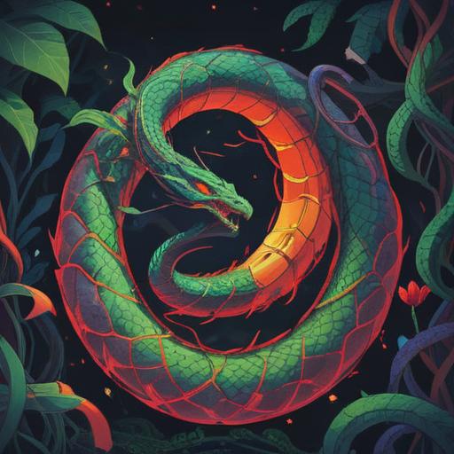 A mystical scene depicting a serpent emerging from the shadows, symbolizing transformation and the spiritual connection to death, intricate patterns surrounding the serpent, ethereal light illuminating its scales, ambient atmosphere filled with ancient symbols, a sense of reverence and mystery, detailed background representing the cycle of life, spiritual essence, 4k