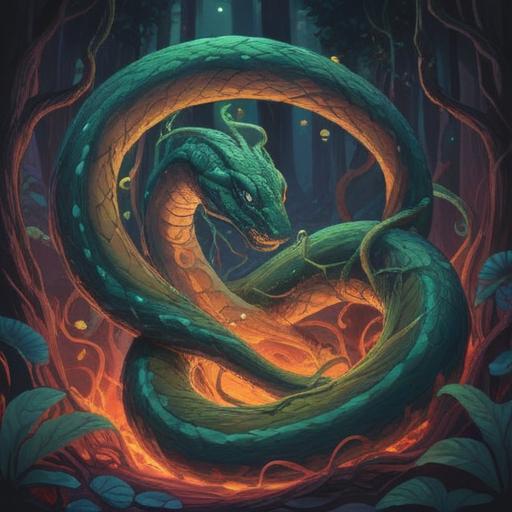 A serene and mystical scene depicting a snake entwined around a symbolic representation of death, soft ethereal glow, vibrant colors reflecting spiritual energy, lush greenery surrounding the imagery, an aura of tranquility and rebirth, subtle hints of ancient symbols and patterns, harmonious coexistence of life and death, evocative atmosphere, 4k