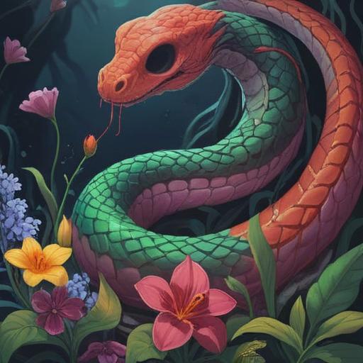 A mystical scene depicting a coiling snake, surrounded by ethereal mist, symbols of death such as a skull and wilted flowers, a full moon shining above, representing transformation and rebirth, detailed textures on the snake's scales, dark and moody atmosphere, spiritual elements intertwined, high resolution