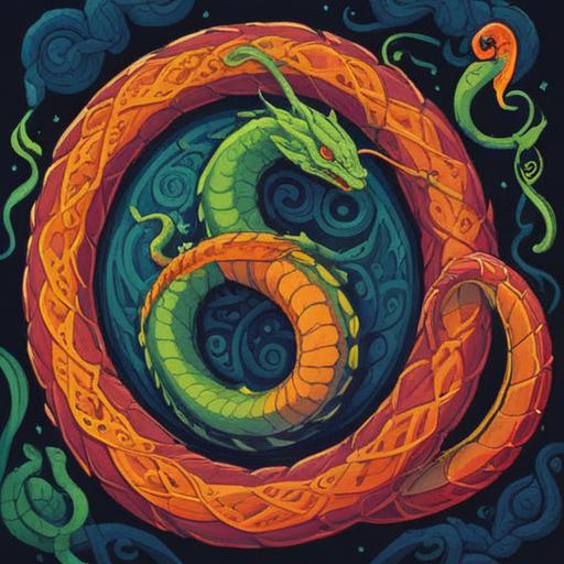 A vibrant illustration of a serpent coiling around a lucky symbol, intricate details on the snake's scales, the lucky symbol radiating energy, surrounded by elements representing transformation and change, rich colors depicting harmony and balance, magical atmosphere, serene background, 4k