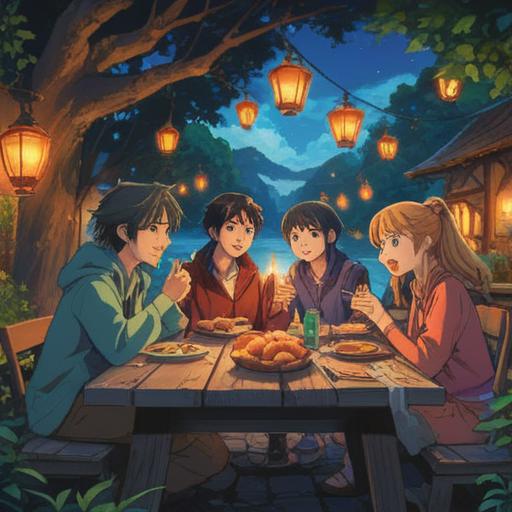 A serene outdoor scene depicting a diverse group of friends gathered around a table, sharing ideas and notes, individual expressions showing enthusiasm and collaboration, colorful sticky notes scattered around, sunlight filtering through the trees, creating a warm and inviting atmosphere, inviting ambiance, 4k