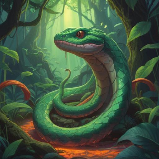 A mystical illustration of a snake coiling gracefully around a vibrant crystal, representing spiritual colors and their meanings, lush greenery in the background, ethereal light illuminating the scene, a serene atmosphere, intricate patterns on the snake's scales, symbolic representations of various spiritual concepts, 4k